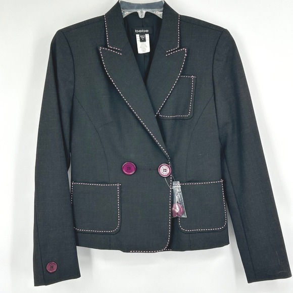 bebe Jackets & Blazers - Bebe Womens Blazer 6 Charcoal Grey Pink Contrast Stitch Y2K Officecore Chic